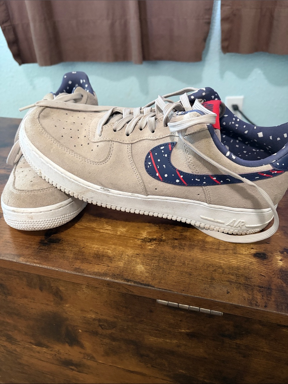 Nike Suede Low-Top Sneakers in Light Taupe with Navy Patterned Swoosh